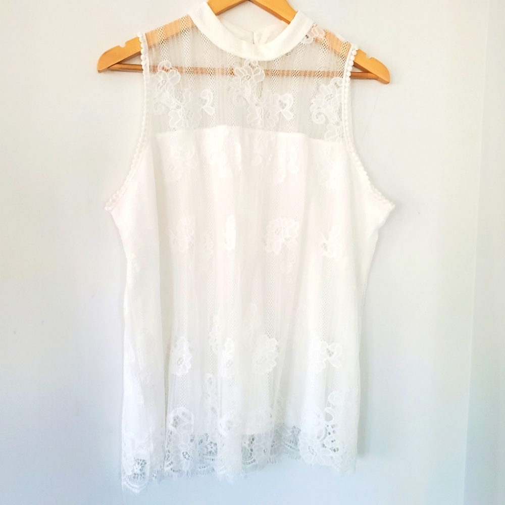 EVE & MADDIE XL White Lace Overlay Halter High Neck Sheer Top Crochet Romantic